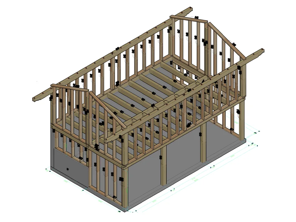 Planblatt mit 3D-Ansicht des Holzrahmens im Obergeschoss und Positionsplänen
